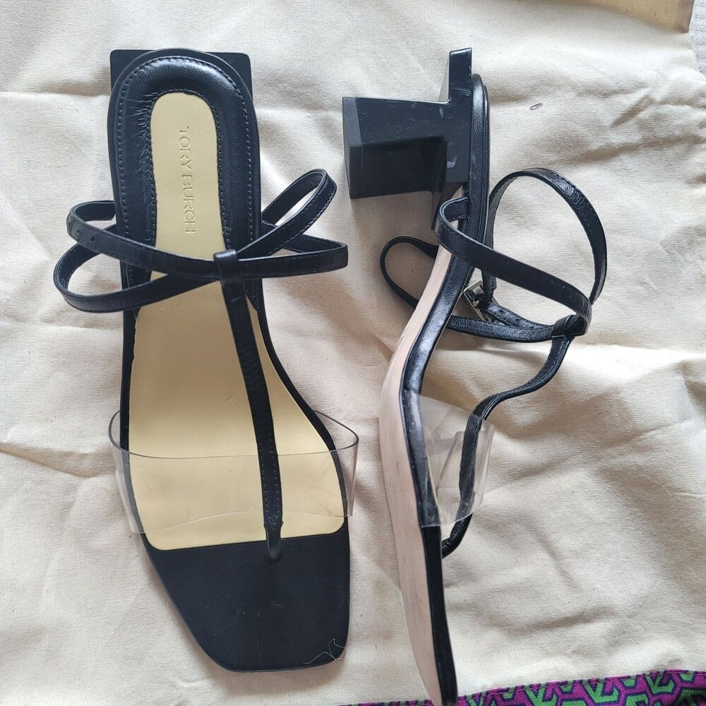 Tory Burch Leather and PVC black strappy sandals Size 9 thong sandal block heel